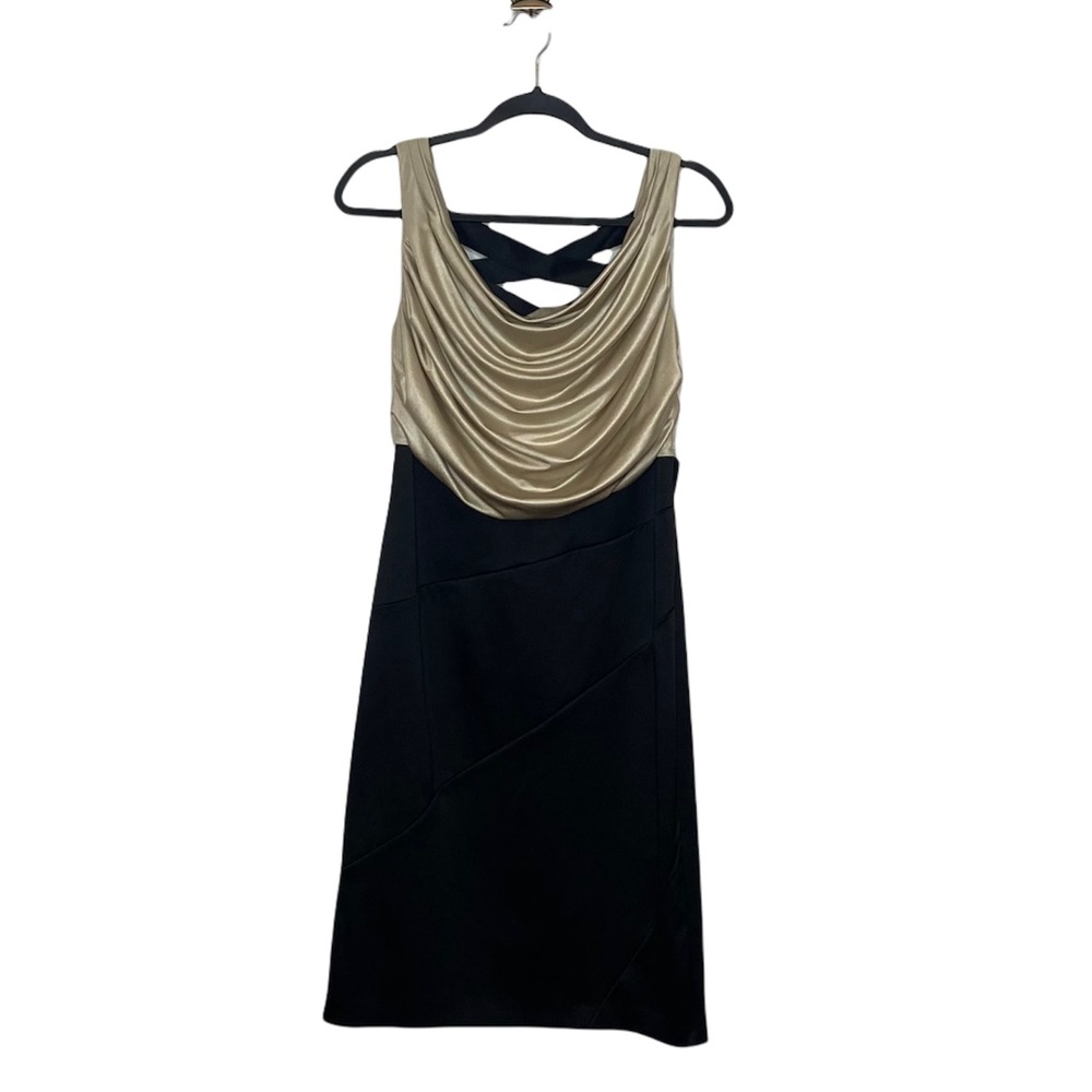 Frank Lyman Design Ruched Gold Cowl-neck Strap Back Sleeveless Pencil Dress